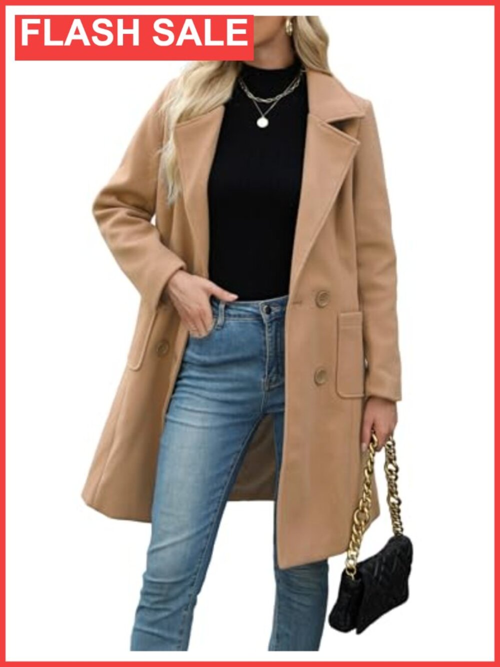 Wool Blend Mid-Long Double-Breasted Pea Coat Notch Lapel Winter Outwear